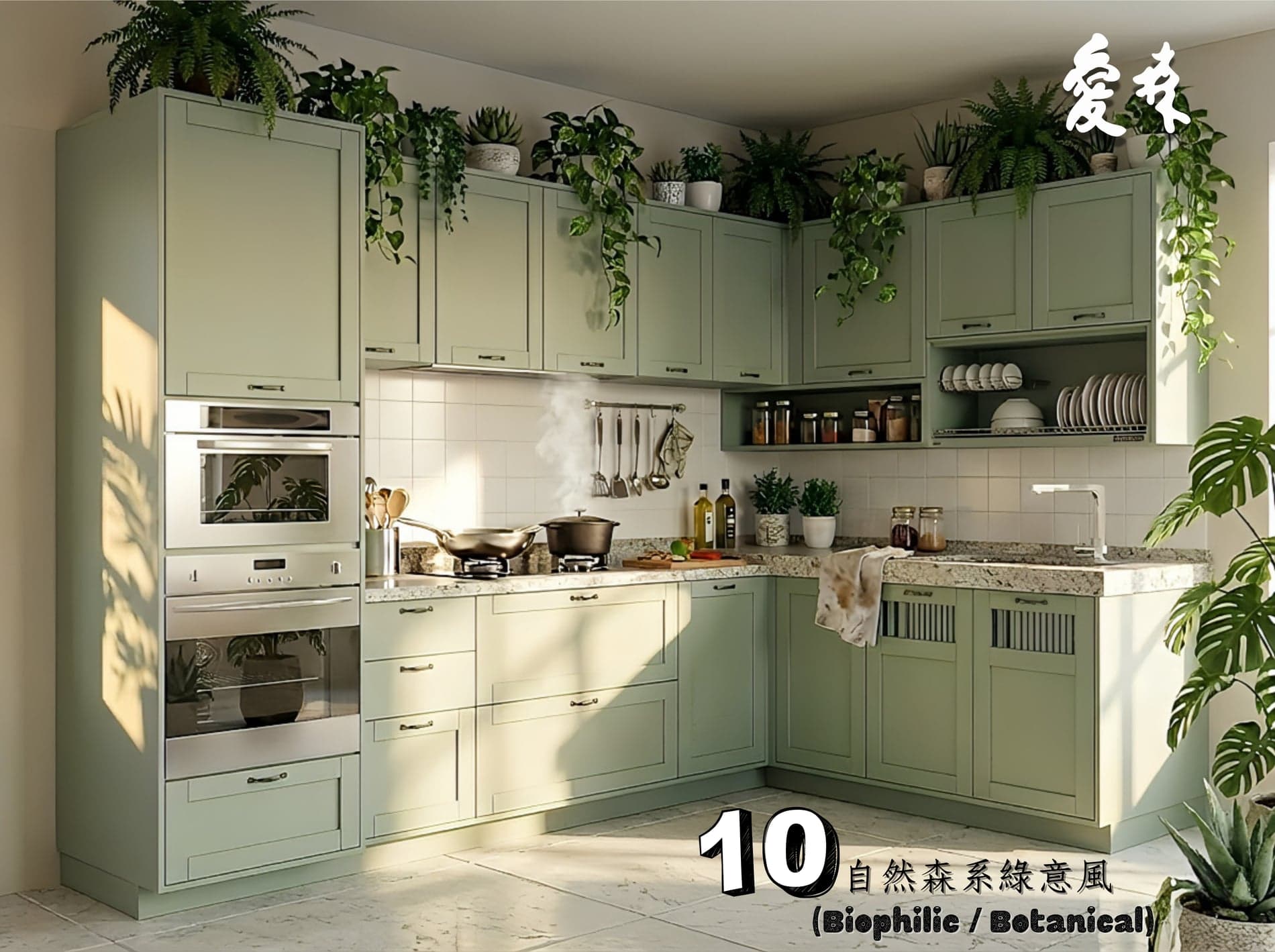 同一套客製化廚具搭配鼠尾草綠、白色與植栽的風格示意