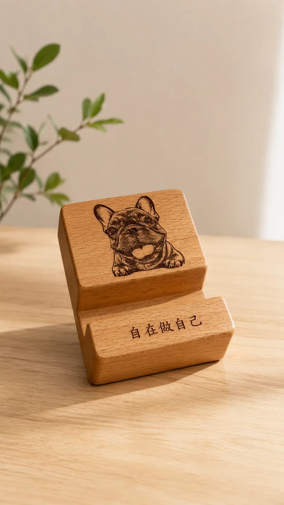 法國鬥牛犬肖像呈現在木質手機架上的雷雕情境示意