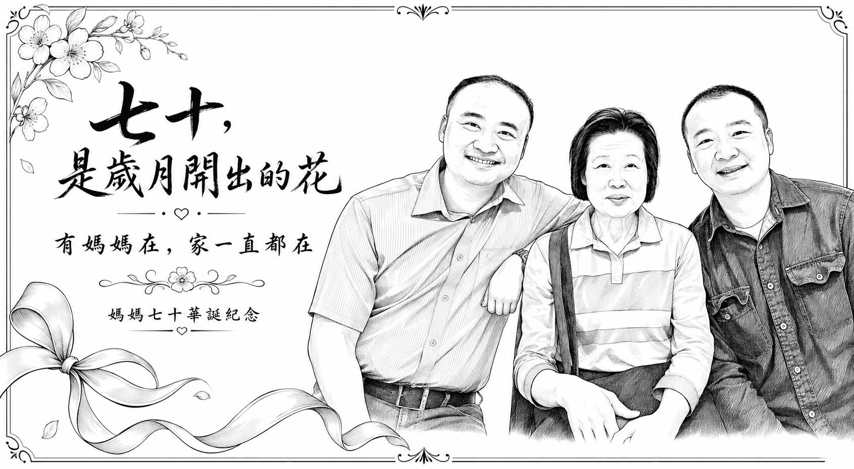 七十歲生日媽媽與家人的黑白版面設計示例