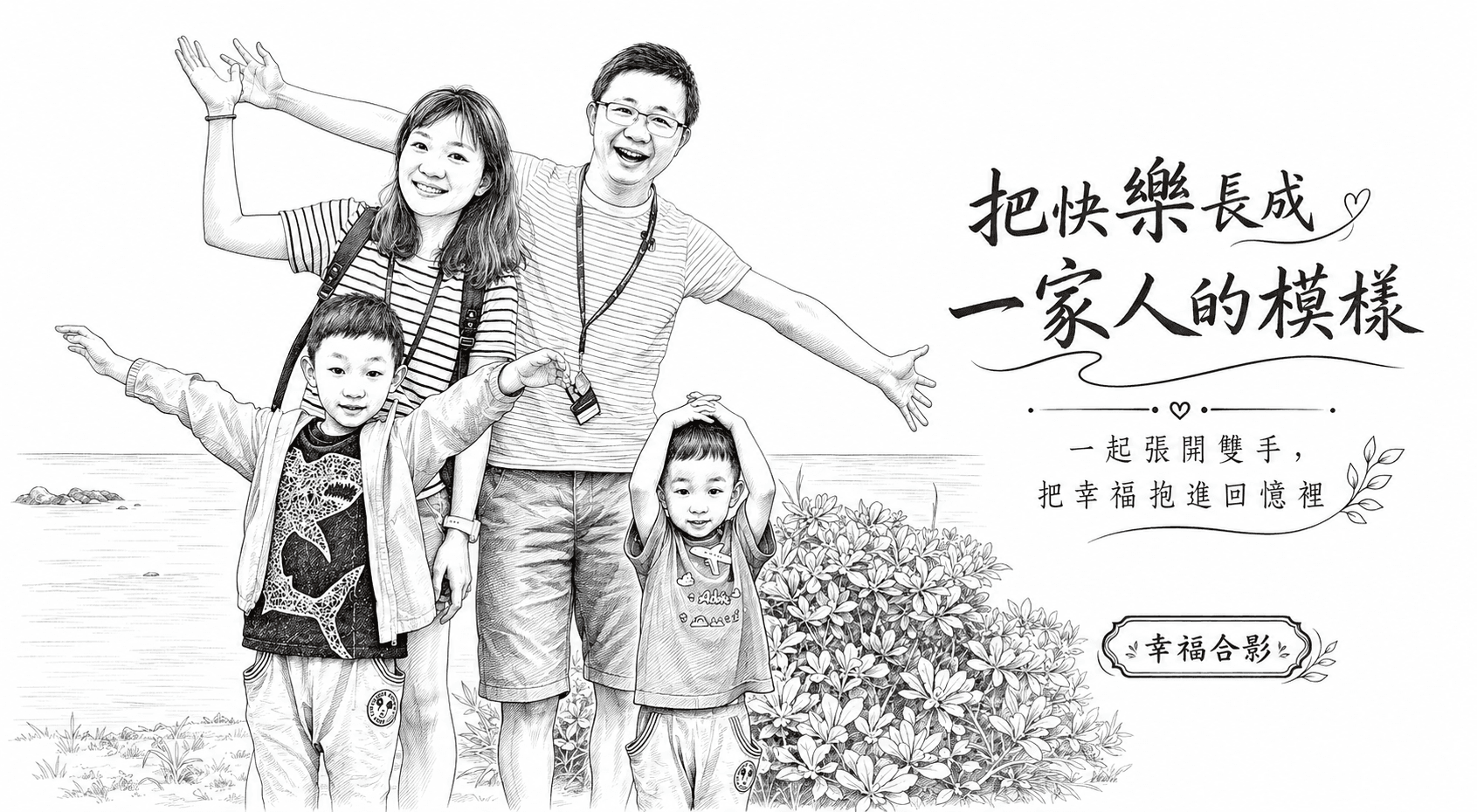 家庭四人張開雙手的黑白版面設計示例