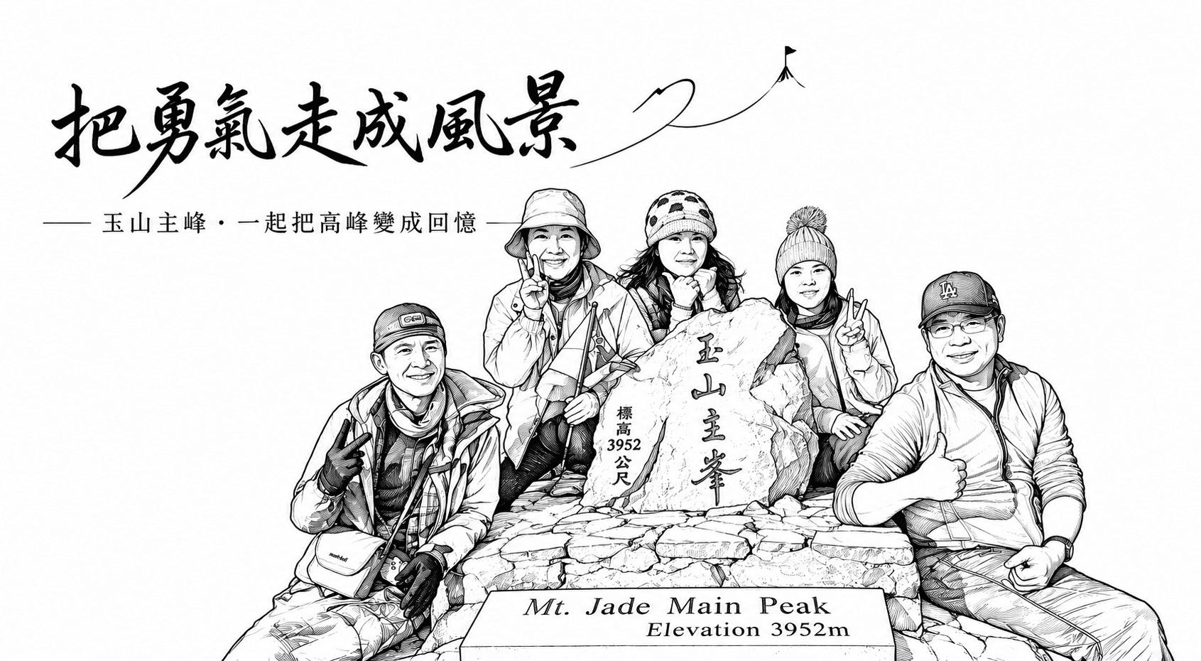 玉山主峰多人合照的黑白版面設計示例