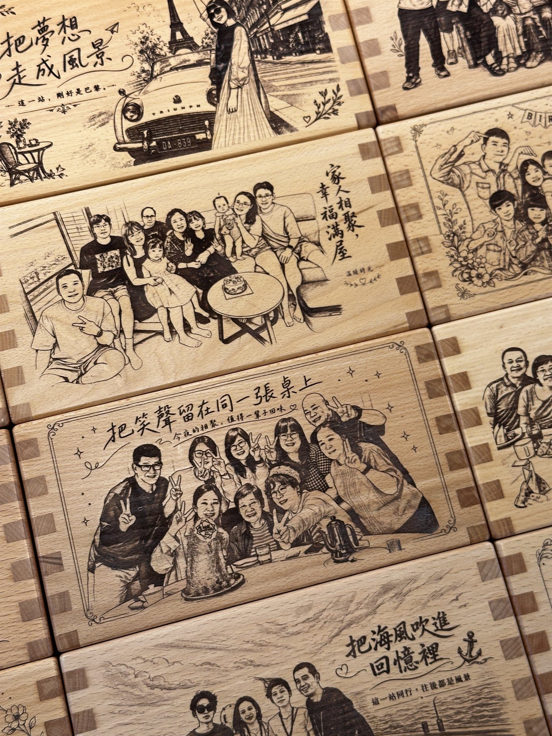 多件家人旅行與生日聚會照片完成在木盒上的紀念作品