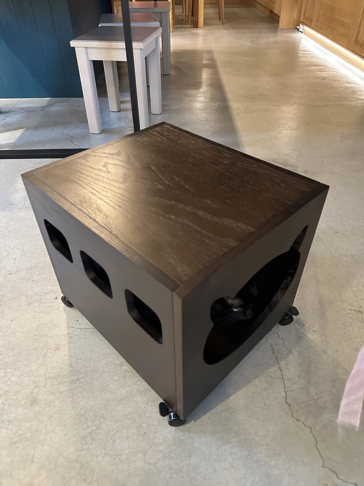 完成的長型家具式貓屋與側面通風開孔