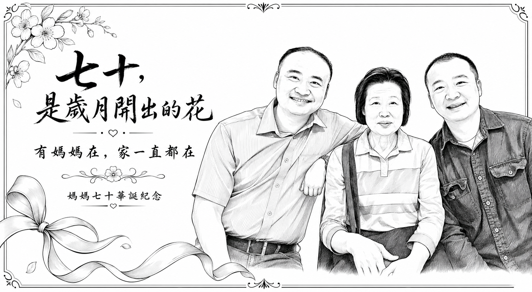 七十歲生日媽媽與家人的黑白版面設計示例