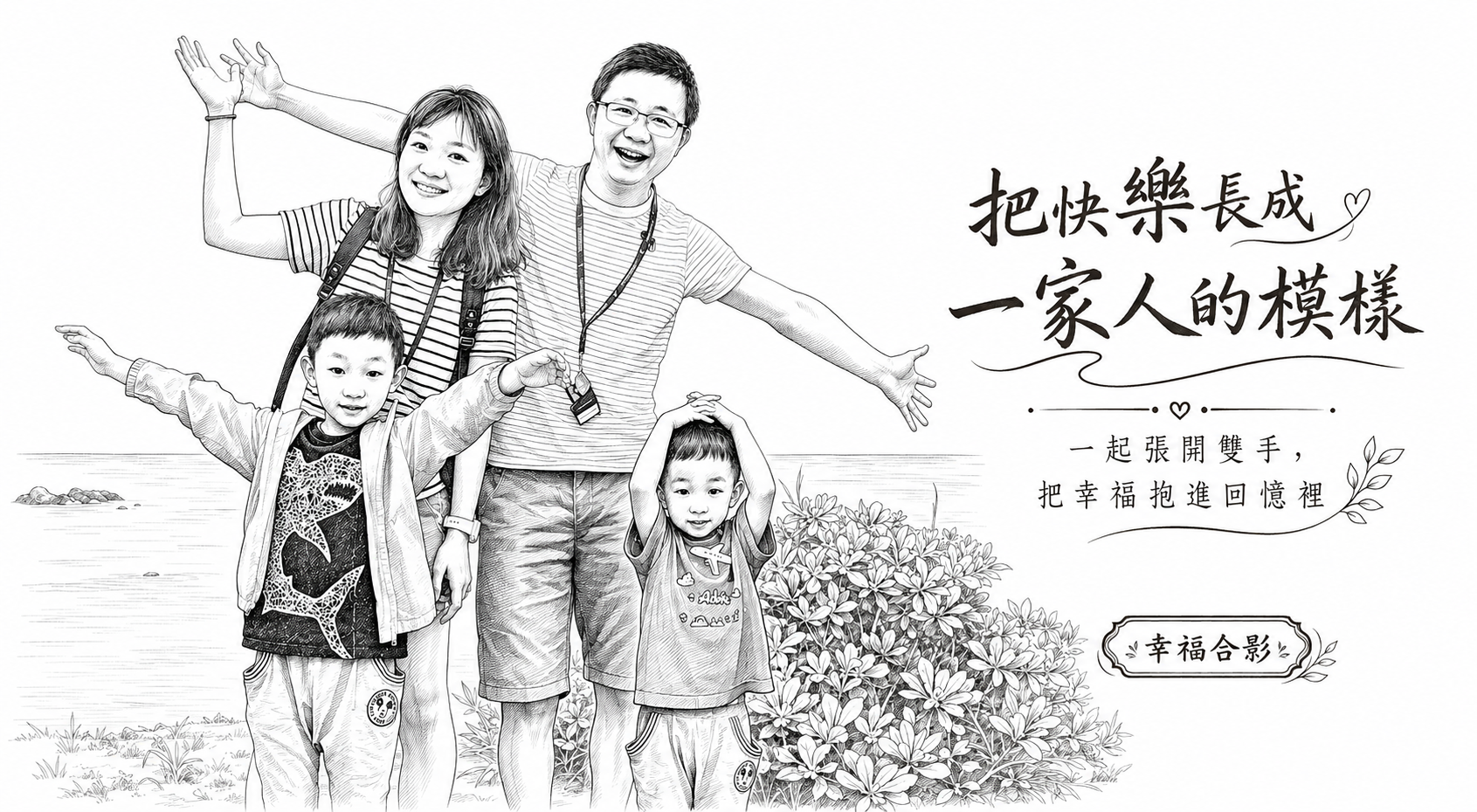 家庭四人張開雙手的黑白版面設計示例