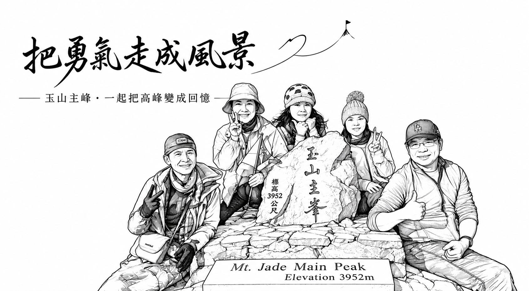 玉山主峰多人合照的黑白版面設計示例