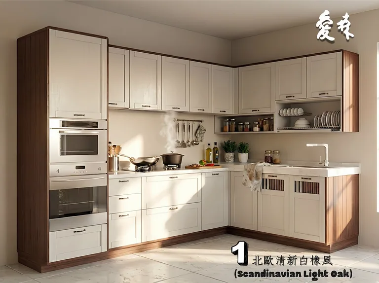 同一套客製化廚具改為白色門板搭配深木色外框的風格示意