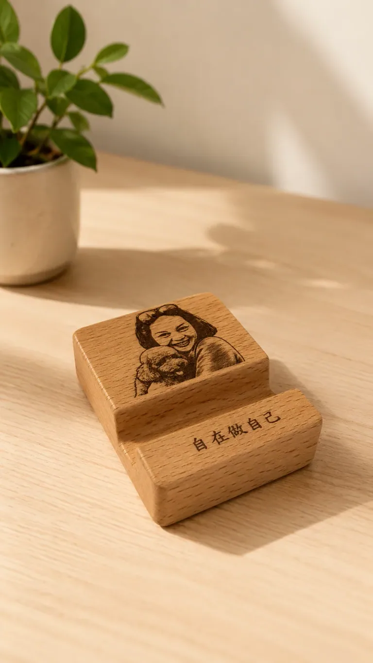 女子抱著寵物的肖像呈現在木質手機架上的雷雕情境示意