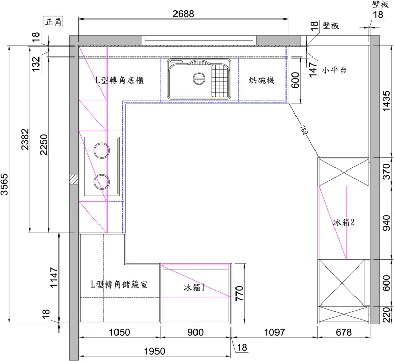 ㄇ字型廚房平面配置 自家老廚房改造的ㄇ字型平面配置圖