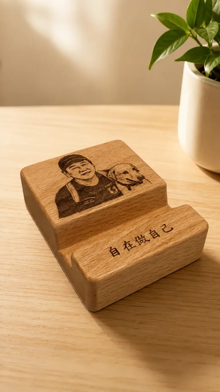 男子與狗狗肖像呈現在木質手機架上的雷雕情境示意