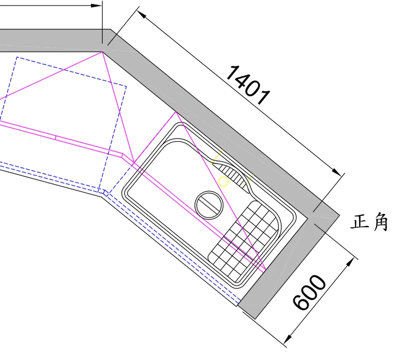 去除識別資訊的廚房平面配置圖局部,呈現斜向櫃體轉折