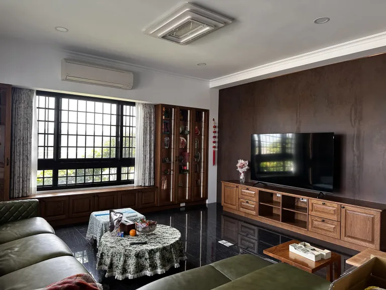 客廳窗邊櫃、玻璃展示櫃與電視櫃組成的全屋櫃體實景