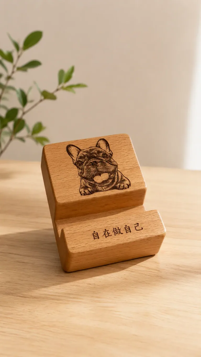 法國鬥牛犬肖像呈現在木質手機架上的雷雕情境示意