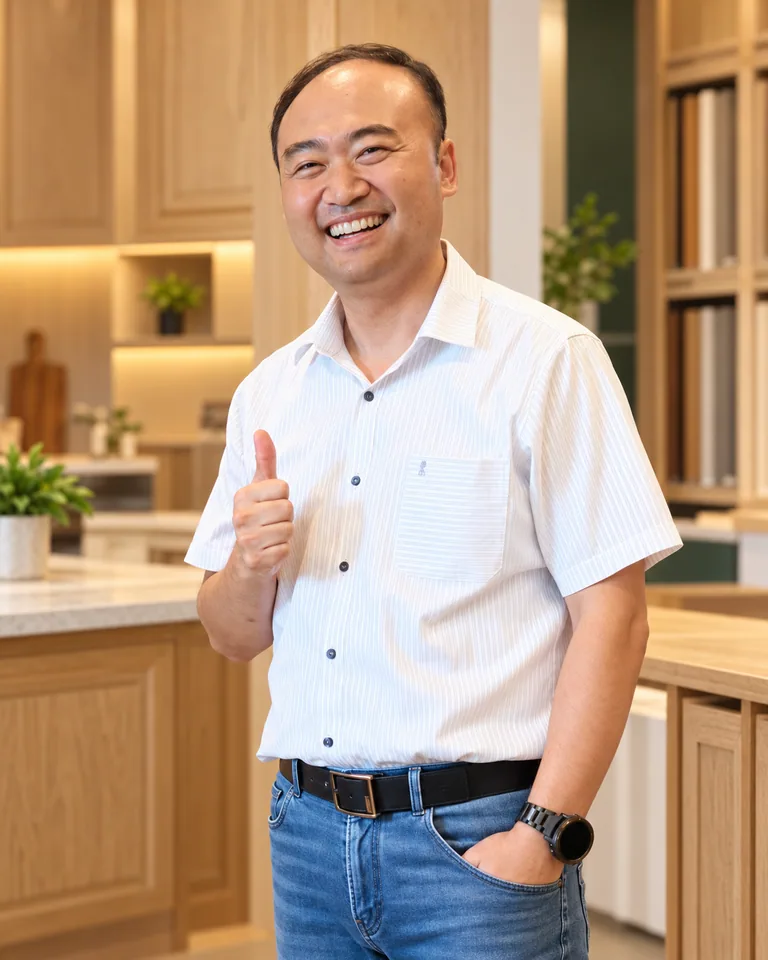 愛森實業負責人廖述傑（森老闆）在展示間微笑、比讚