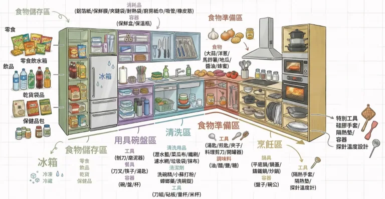 廚房依食物儲存、器具碗盤、清洗、備餐與烹飪流程分類的空間規劃示意圖