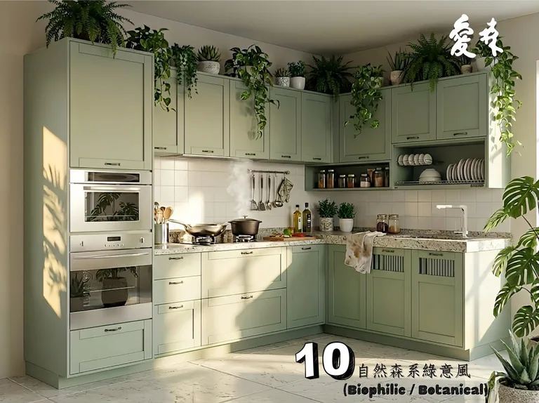 同一套客製化廚具搭配鼠尾草綠、白色與植栽的風格示意