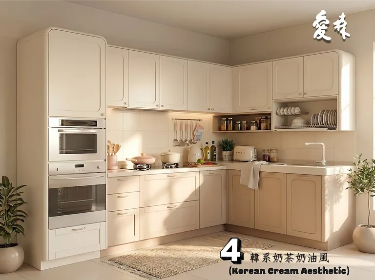 同一套客製化廚具改為奶油白與淺米色的風格示意