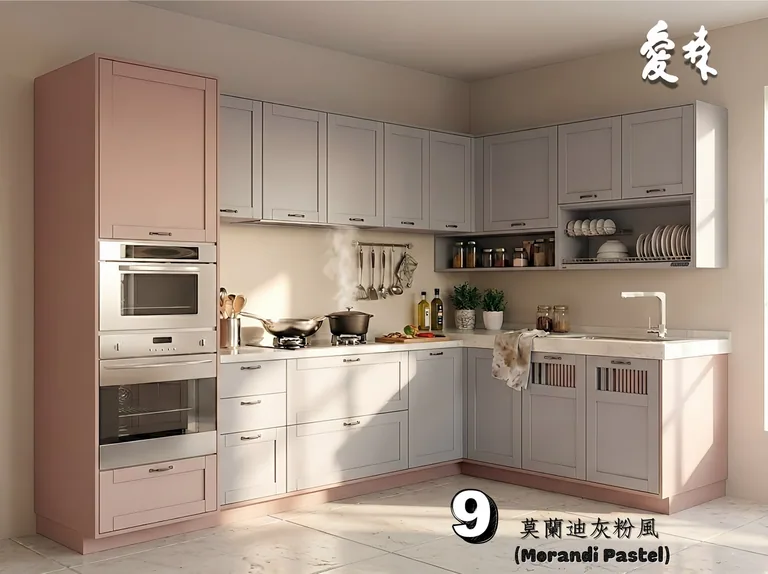 同一套客製化廚具搭配白色與柔和粉色門板的風格示意