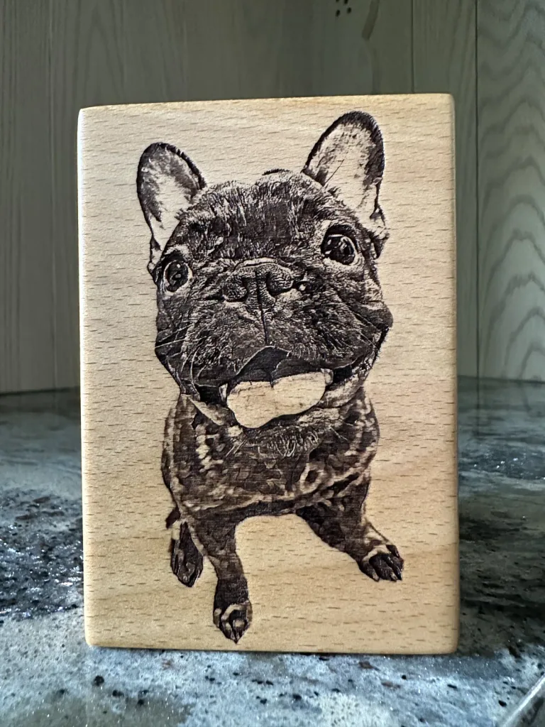 法國鬥牛犬正面肖像雕刻在木板上的完成作品