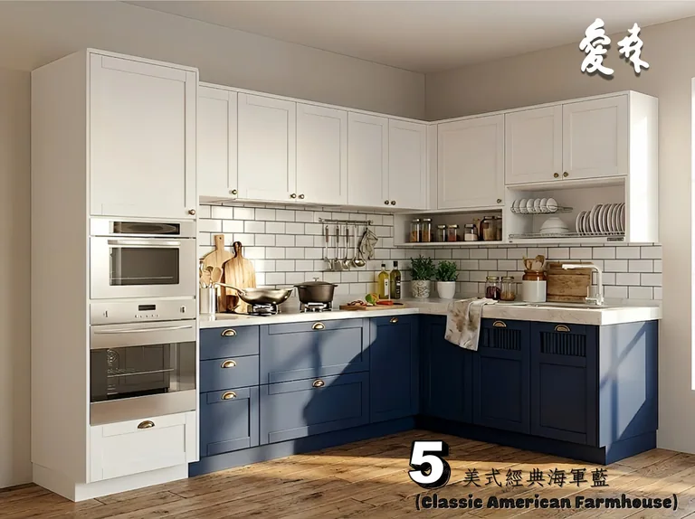 同一套客製化廚具改為白色吊櫃與深藍色下櫃的風格示意